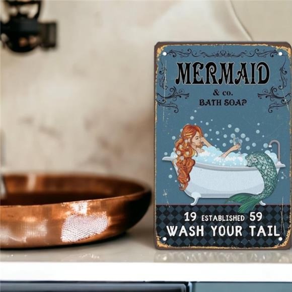 Metal Sign | Mermaid & Co Bath Soap Wash Your Tail Mermaid Poster Decor 8x12in - Picture 1 of 7
